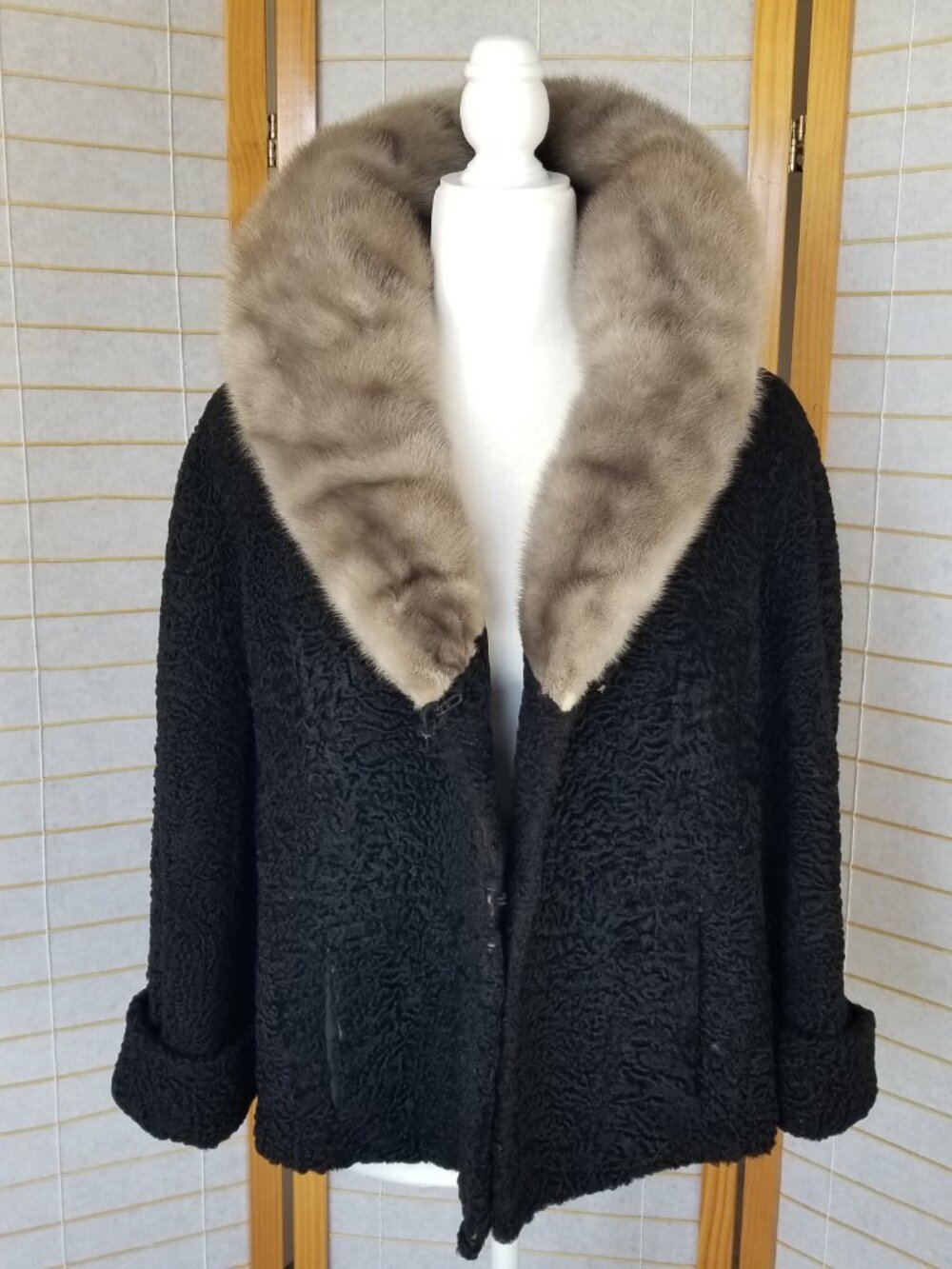 Vintage MCM Black Boiled Wool and Silver Mink Fur Coat Opera Jacket FLAW